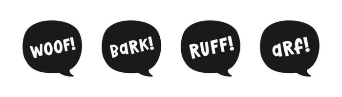 Dog bark animal sound effect text in a speech bubble balloon silhouette clipart set. Cute cartoon onomatopoeia comics and lettering. vector