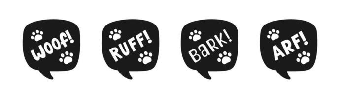 Dog bark animal sound effect text in a speech bubble with paw print icon silhouette clipart set. Cute cartoon onomatopoeia comics and lettering. vector