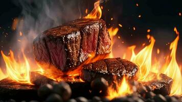 ai generiert Steak auf Feuer mit Flammen und Rauch video