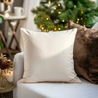 Blank pillows mock up on sofa with Christmas tree background. Space for text or image. Generative AI photo