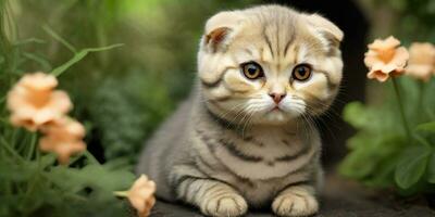 Portrait of the Scottish fold cat are sitting in the garden. Generative AI photo