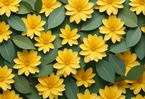 Pattern made of yellow flowers and eucalyptus leaves. AI Generative photo