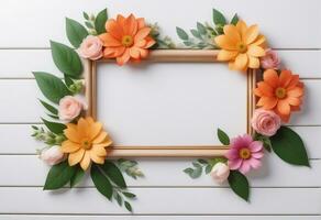 Floral frame on a white wooden background. AI Generative photo