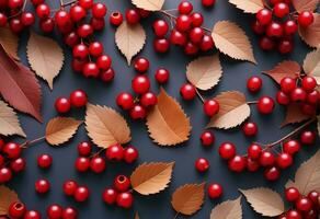 Moody autumnal dry tree leaves with red wild berries. AI Generative photo
