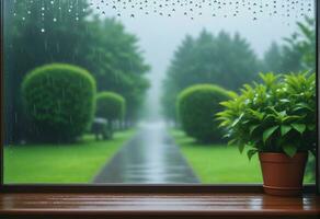 lluvioso día fuera de el ventana con verde vista. ai generativo foto