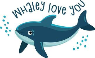 Whaley love you text cute kid whale design cartoon style isolated on white background vector