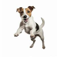 a dog jumping up in the air on a white background, AI Generated photo