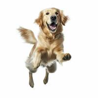 a golden retriever is jumping up in the air, AI Generated photo