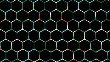 färgrik 2d lysande digital teknologi hexagonal maska bakgrund, lysande neon ljus gaming bakgrund video