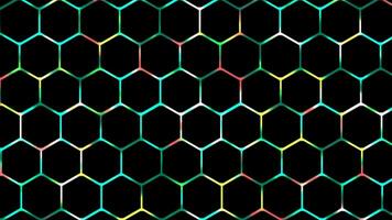 vistoso 2d brillante digital tecnología hexagonal malla fondo, brillante neón ligero juego de azar antecedentes video