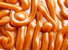 caramel sauce as background, closeup photo