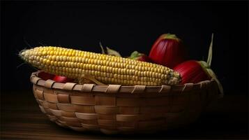 a basket filled with corn and tomatoes AI Generated photo