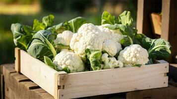 cauliflower in a wooden crate on a table AI Generative photo
