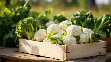 cauliflower in a wooden crate on a table AI Generative photo