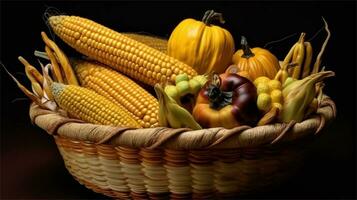 a basket filled with corn and tomatoes AI Generated photo