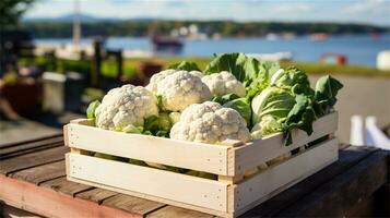 cauliflower in a wooden crate on a table AI Generative photo
