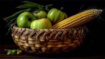 a basket filled with corn and tomatoes AI Generated photo