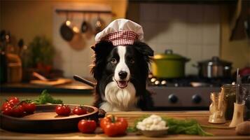 a black and white dog wearing a chef's hat surrounded by vegetables AI Generated photo