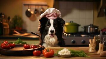 un negro y blanco perro vistiendo un del chef sombrero rodeado por vegetales ai generado foto