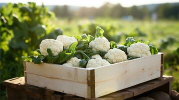 cauliflower in a wooden crate on a table AI Generative photo