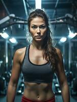 un mujer dedicado a un sano y ajuste estilo de vida abraza regular ejercicio, haciendo el gimnasio un esencial parte de su aptitud rutina. ai generado foto