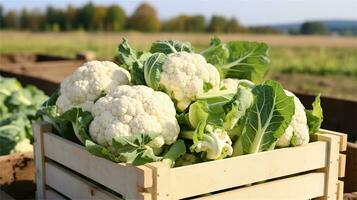 cauliflower in a wooden crate on a table AI Generative photo