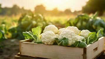 cauliflower in a wooden crate on a table AI Generative photo