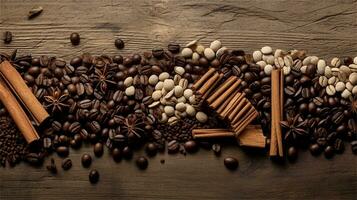 a pile of coffee beans sitting on top of a wooden table AI Generated photo