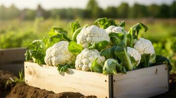 cauliflower in a wooden crate on a table AI Generative photo