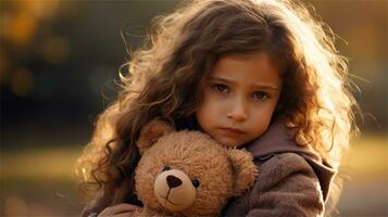 un pequeño niña participación un osito de peluche oso en su manos ai generado foto