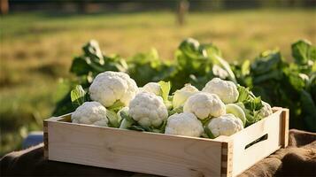 cauliflower in a wooden crate on a table AI Generative photo