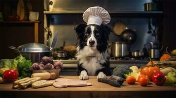 un negro y blanco perro vistiendo un del chef sombrero rodeado por vegetales ai generado foto