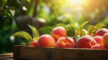 fresh peaches in a wooden box on a table AI Generative photo