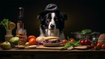 un negro y blanco perro vistiendo un del chef sombrero rodeado por vegetales ai generado foto