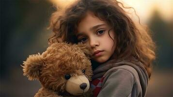 a little girl holding a teddy bear in her hands AI Generated photo