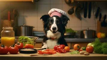 a black and white dog wearing a chef's hat surrounded by vegetables AI Generated photo