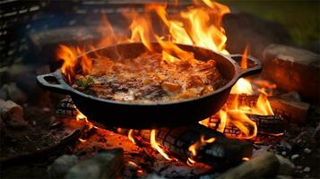 a large pot of food cooking over a fire AI Generated photo
