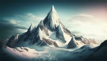 a snowy mountain landscape with a river and rocks AI Generative photo