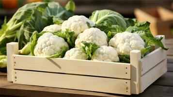 cauliflower in a wooden crate on a table AI Generative photo