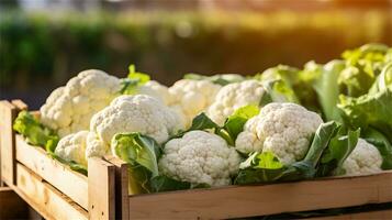 cauliflower in a wooden crate on a table AI Generative photo