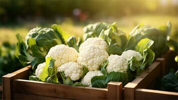 cauliflower in a wooden crate on a table AI Generative photo