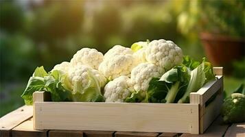 cauliflower in a wooden crate on a table AI Generative photo