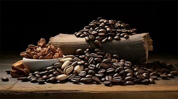 a pile of coffee beans sitting on top of a wooden table AI Generated photo