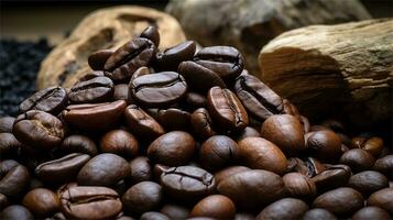a pile of coffee beans sitting on top of a wooden table AI Generated photo