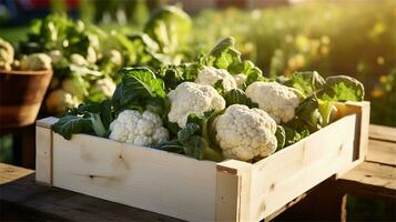 cauliflower in a wooden crate on a table AI Generative photo