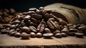 a pile of coffee beans sitting on top of a wooden table AI Generated photo
