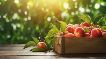 fresh peaches in a wooden box on a table AI Generative photo