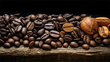 a pile of coffee beans sitting on top of a wooden table AI Generated photo