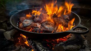 a large pot of food cooking over a fire AI Generated photo