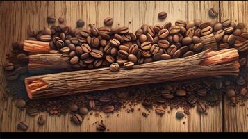 a pile of coffee beans sitting on top of a wooden table AI Generated photo